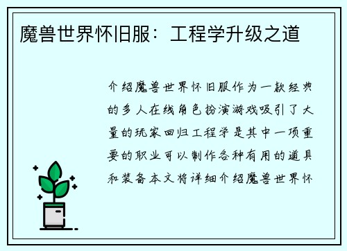 魔兽世界怀旧服：工程学升级之道