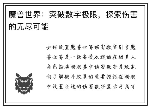 魔兽世界：突破数字极限，探索伤害的无尽可能
